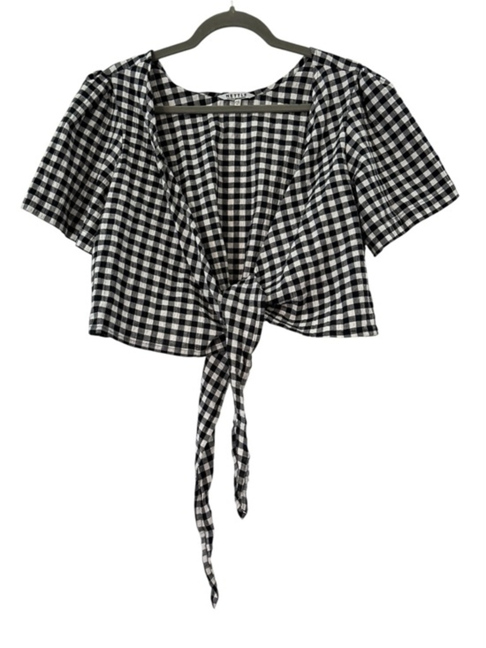 NETTLE San Francisco Front Tie Short Sleeve Crop Top in Gingham Size Large